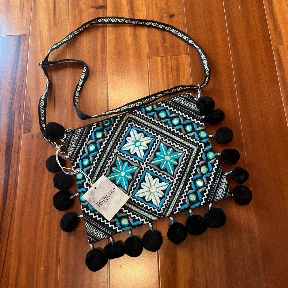 Ruggine Bag Purse Boho Blue Black Embroidered Pom Pom Fringe New NWT‎ Small